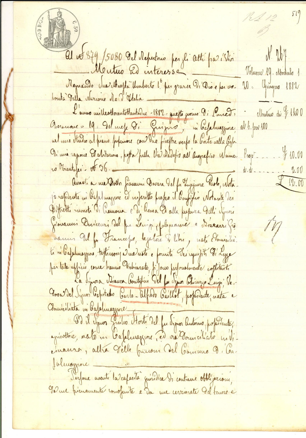 Documento originale, autentico 1882 CASALMAGGIORE CR Contratto mutuo tra Bianca CONTESINI e Giulio STORTI 1