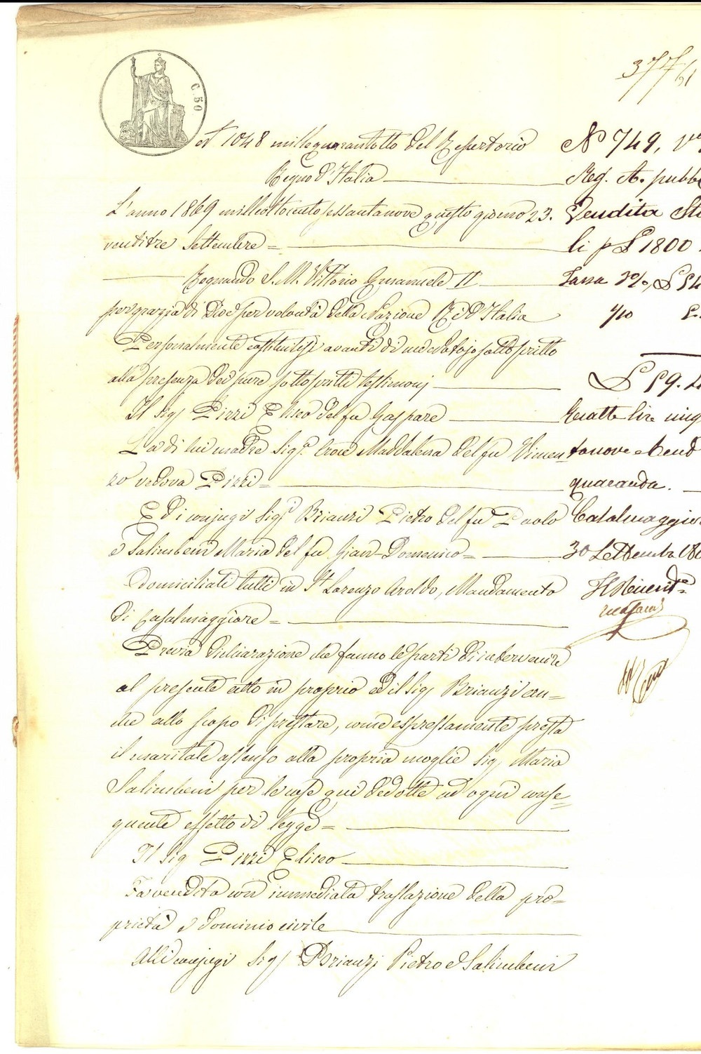 Documento originale, autentico 1869 SAN LORENZO AROLDO  CR Eliseo PIZZI vende casa ai coniugi BRIANZI 1