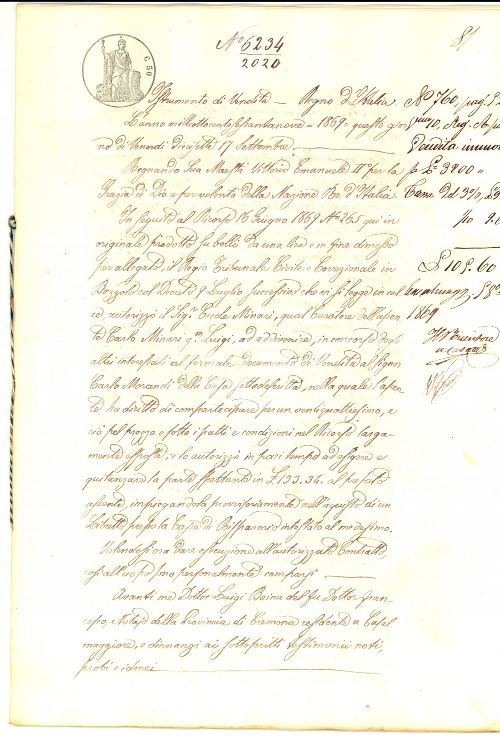 Documento originale, autentico 1869 VIADANA MN Carlo MORANDI acquista casa dagli eredi di Giulio RUBERTI 1