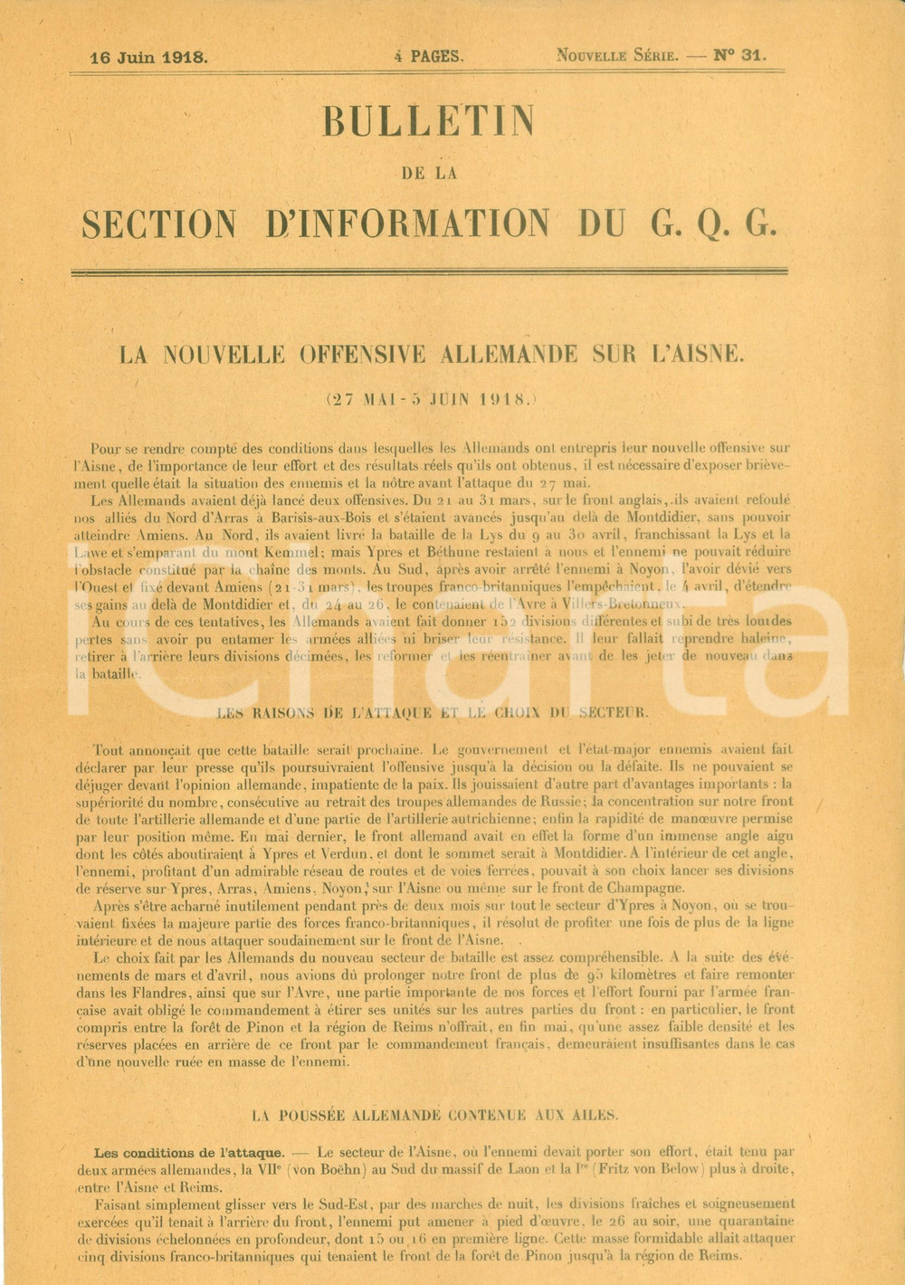 Documento originale, autentico 1918 FRANCE WW2 Bulletin Grand Quartier GÃ©nÃ©ral Offensive Allemande sur l AISNE 1