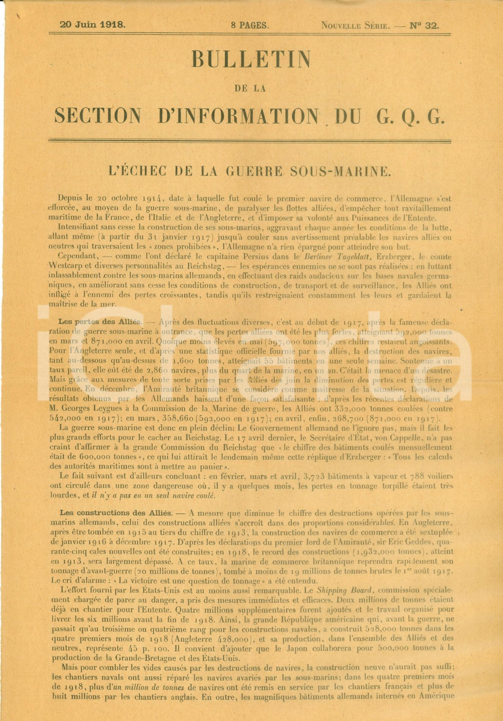 Documento originale, autentico 1918 FRANCE WW2 Bulletin Grand Quartier Général Echec de la guerre sousmarine 1