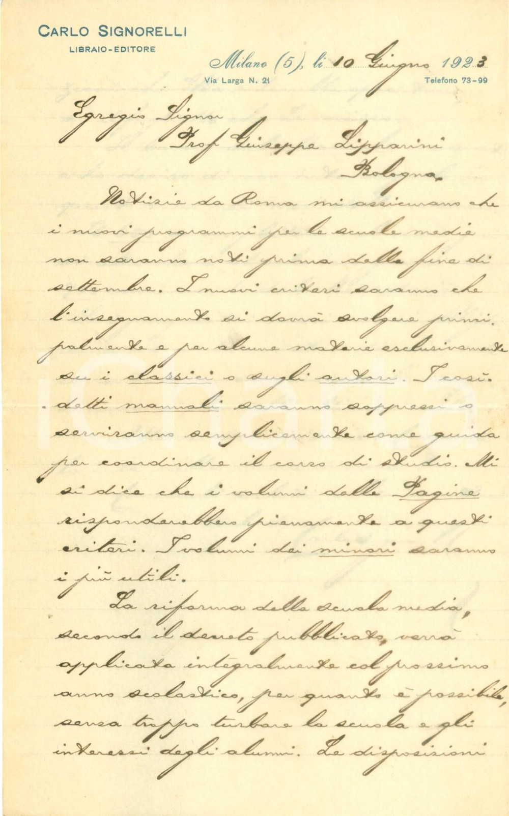 Autografo originale 1923 MILANO Editore Carlo SIGNORELLI si districa nella Riforma GENTILE AUTOGRAFO 1