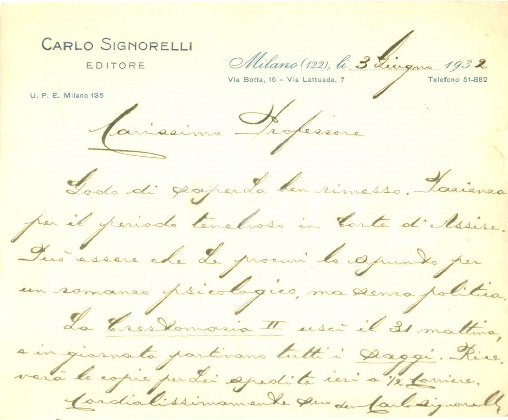Autografo originale 1917 MILANO Editore Carlo SIGNORELLI consola Giuseppe LIPPARINI Autografo 1