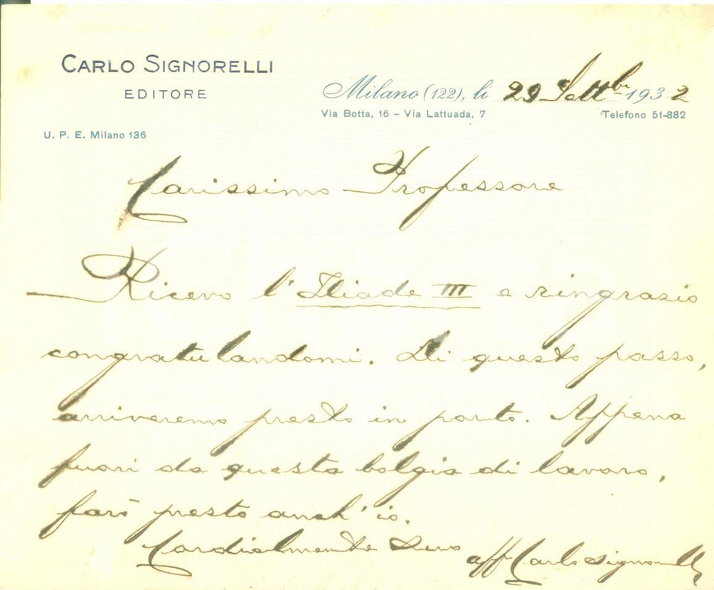 Autografo originale 1932 MILANO Editore Carlo SIGNORELLI prosegue edizione dell Iliade AUTOGRAFO 1