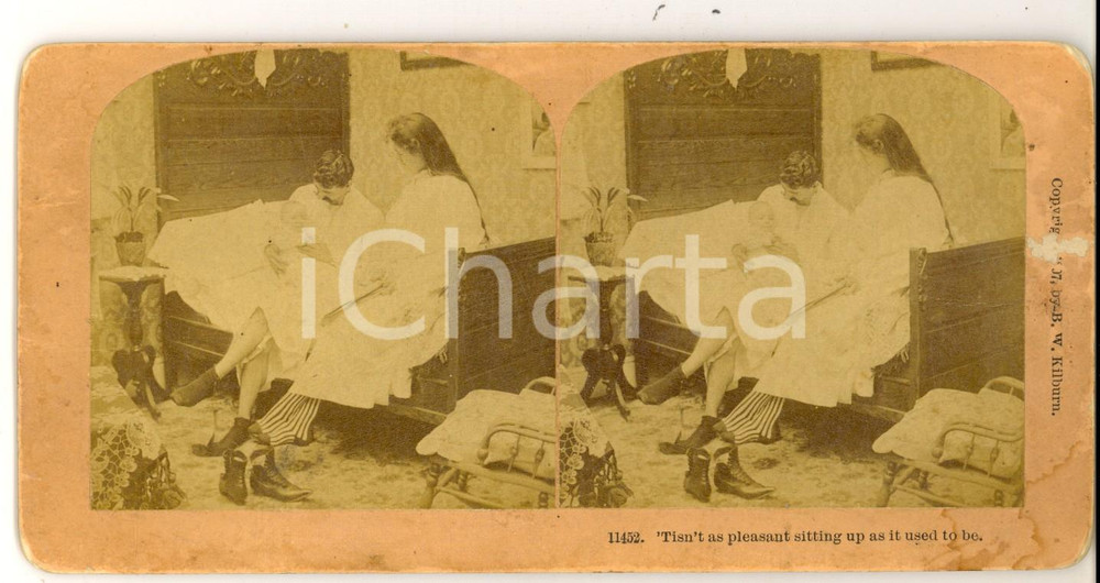 Fotografia d epoca originale 1897 USA Not so pleasant sitting up as it used to be KILBURN Comic stereoview 1