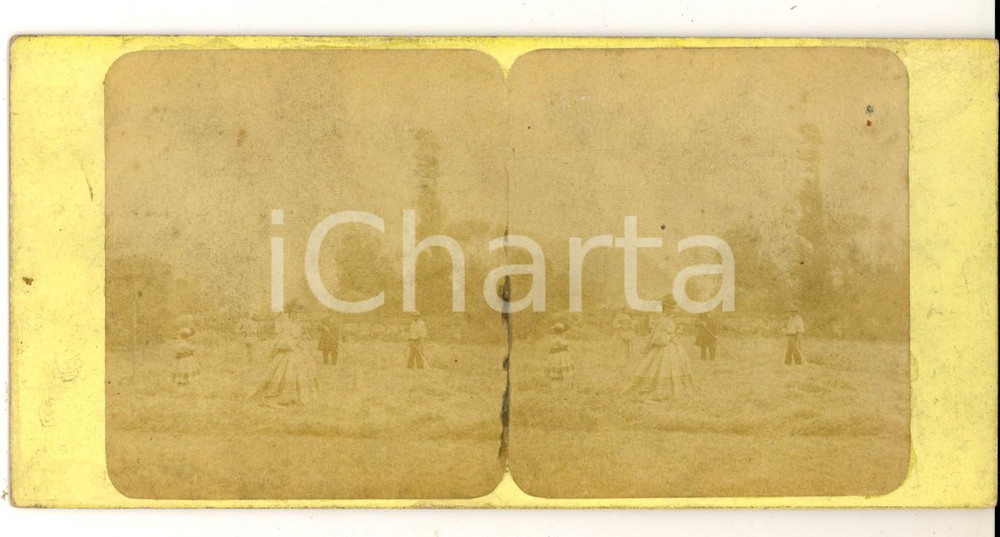 Fotografia d epoca originale 1880 AREA FRANCESE Raccolta del fieno in una tenuta Foto stereoscopica VINTAGE 1