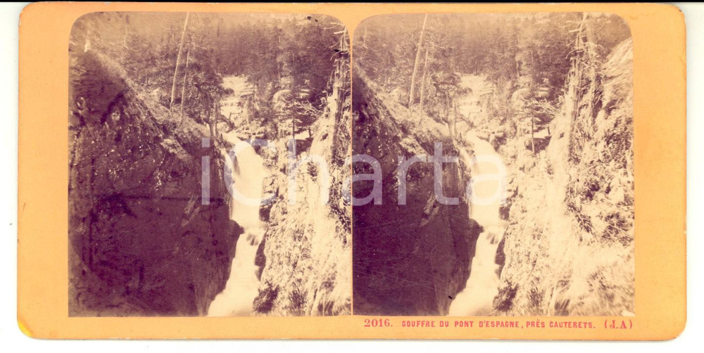 Fotografia d epoca originale 1880 CAUTERETS F Gouffre du PONT D ESPAGNE Photo stÃ©rÃ©oscopique 18x9 cm 1