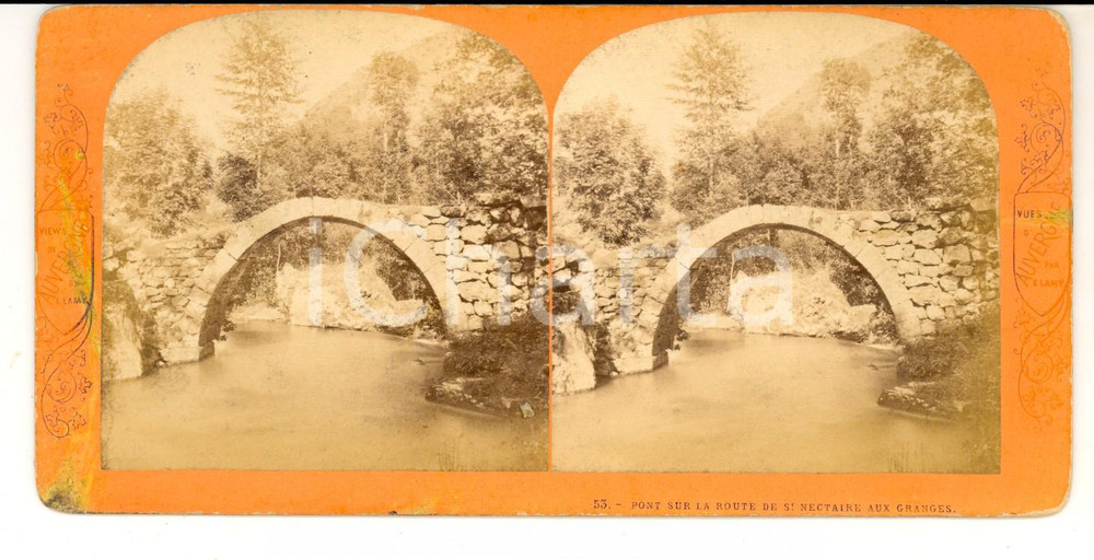 Fotografia d epoca originale 1880 SAINTNECTAIRE F Un ancien pont Photo stÃ©rÃ©oscopique E. LAMY 18x9 cm 1