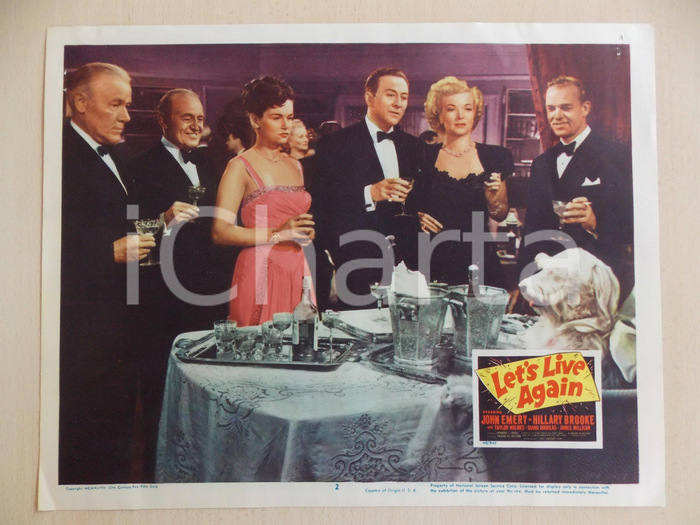 Oggetto da collezione cartaceo 1948 LET S LIVE AGAIN John EMERY beve champagne con cane Manifestino LOBBY CARD 1