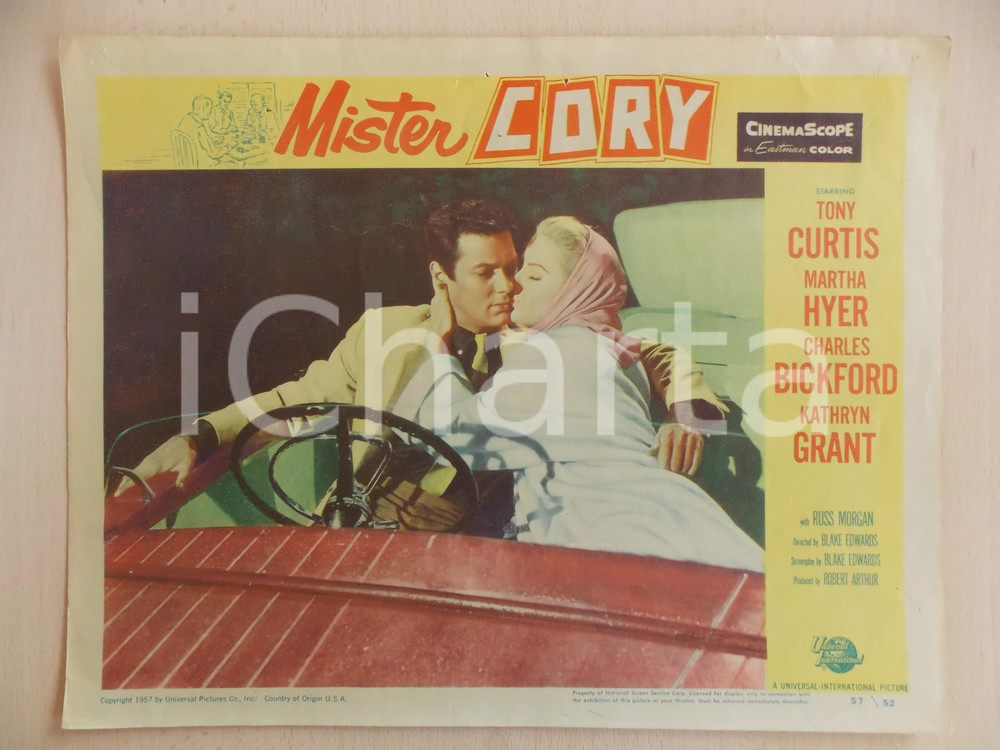 Oggetto da collezione cartaceo 1957 MISTER CORY Tony CURTIS Martha HYER Bacio in auto LOBBY CARD Manifestino 1