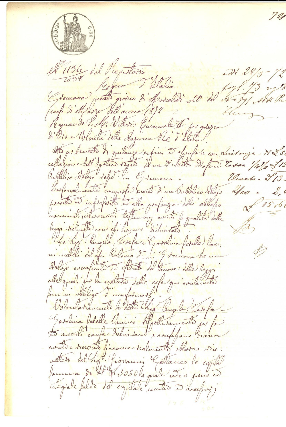 Documento originale, autentico 1872 CREMONA Quietanza sorelle VANINI pro Giovanni GATTANEO per saldo debito 1