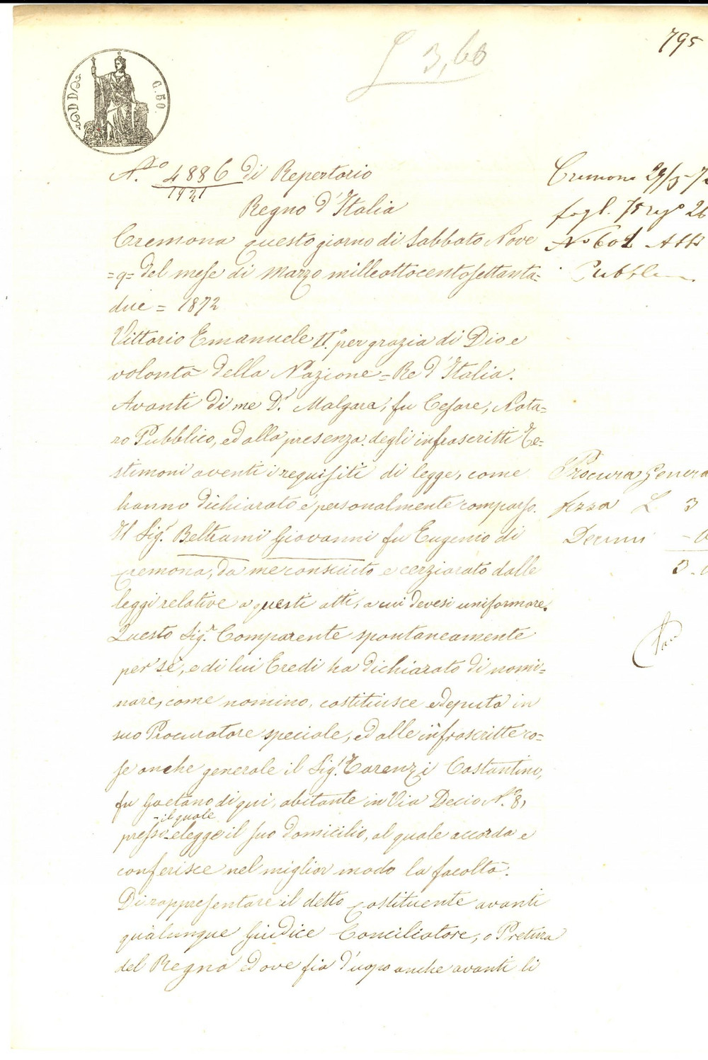 Documento originale, autentico 1872 CREMONA Giovanni BELTRAMI nomina procuratore Costantino TARENZI Manoscritto 1