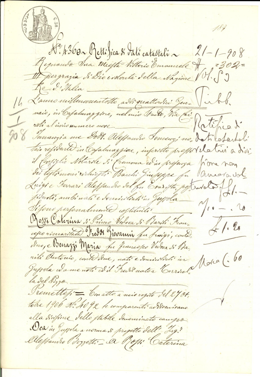 Documento originale, autentico 1908 GUSSOLA Rettifica dati campo OCA acquistato da Caterina ROSSI Manoscritto 1