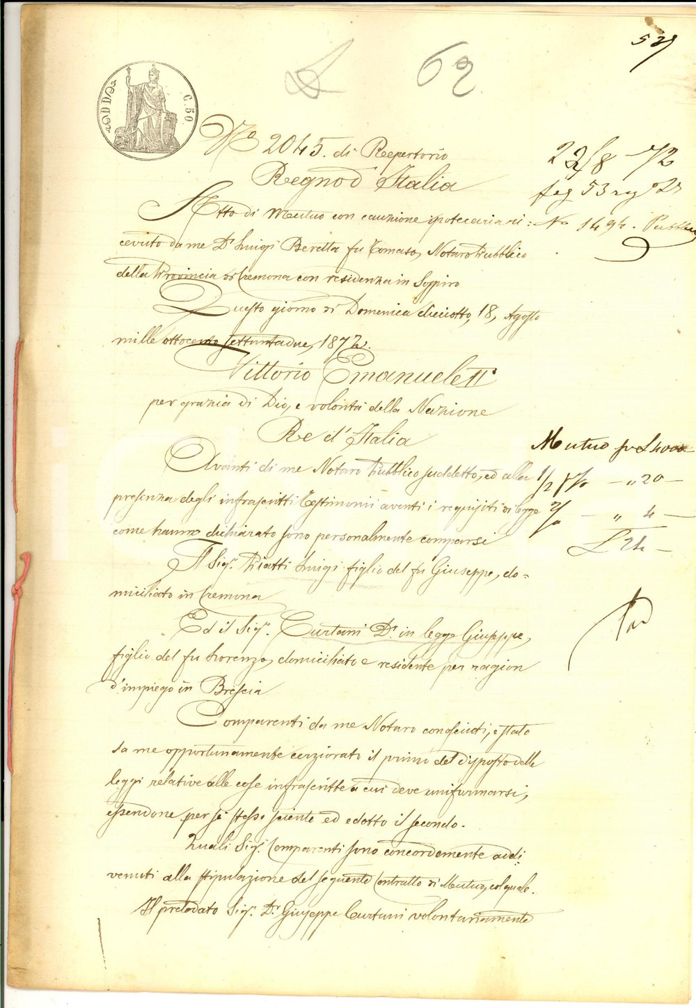 Documento originale, autentico 1872 CREMONA Contratto di mutuo tra Giuseppe CURTANI e Luigi PIATTI Manoscritto 1