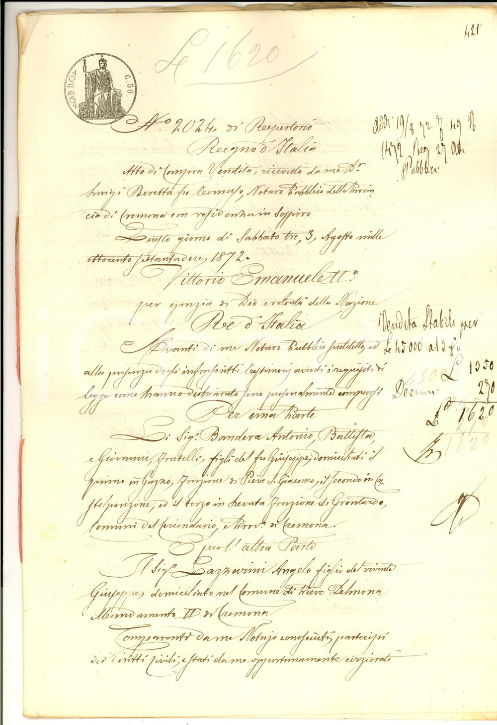 Documento originale, autentico 1872 GADESCO PIEVE DELMONA Fratelli BANDERA vendono cascina ad Angelo LAZZARINI 1
