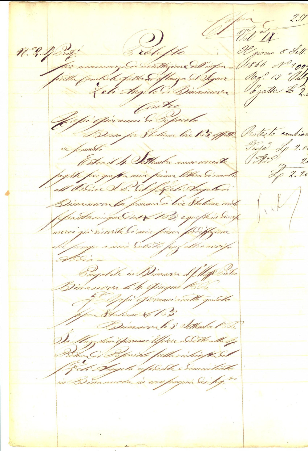 Documento originale, autentico 1866 PESCAROLO CR Protesto contro Giovanni ROSSI per cambiale  Manoscritto 1