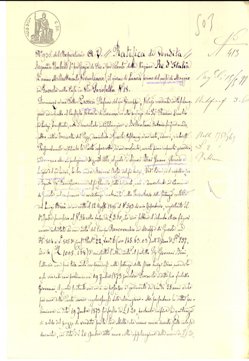 Documento originale, autentico 1899 GUSSOLA CR Ratifica vendita campo RONCOVECCHIO della famiglia BINI 1