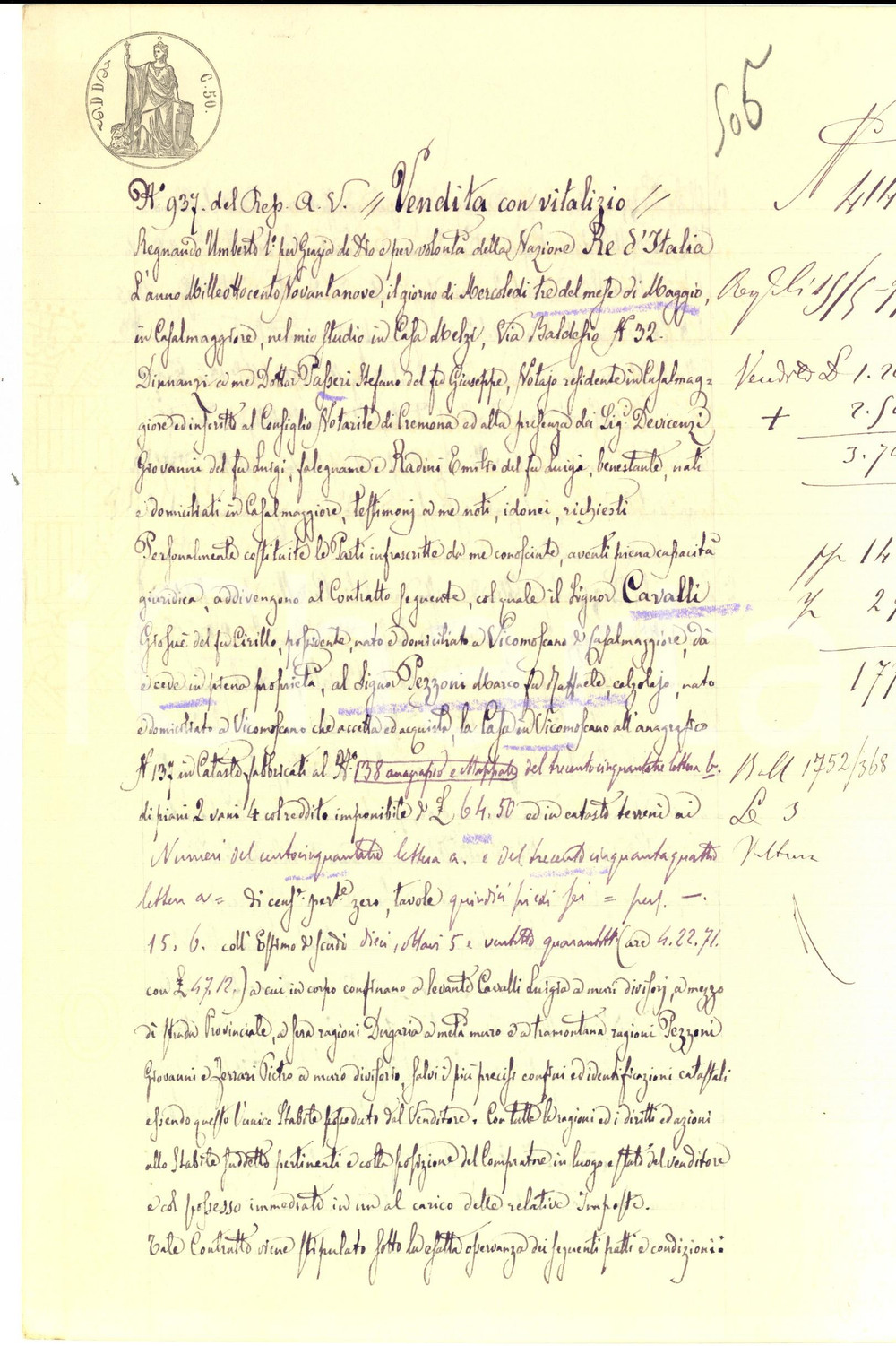 Documento originale, autentico 1899 VICOMOSCANO CR GiosuÃ¨ CAVALLI vende casa a Marco PEZZONI Manoscritto 1