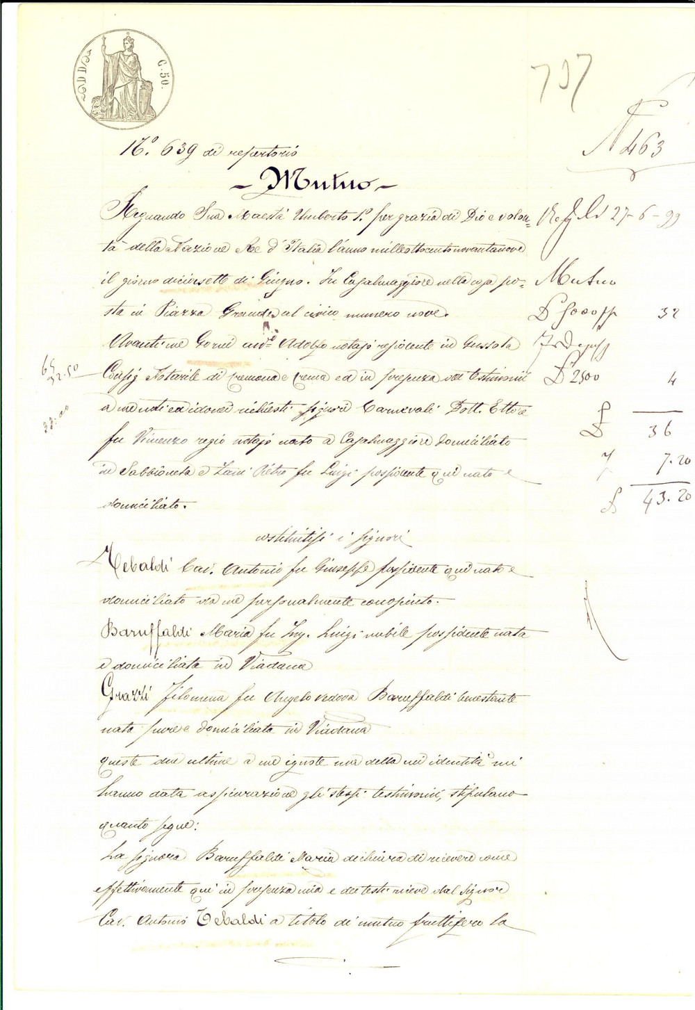 Documento originale, autentico 1899 CASALMAGGIORE CR Contratto mutuo tra Antonio TEBALDI e Maria BARUFFALDI 1