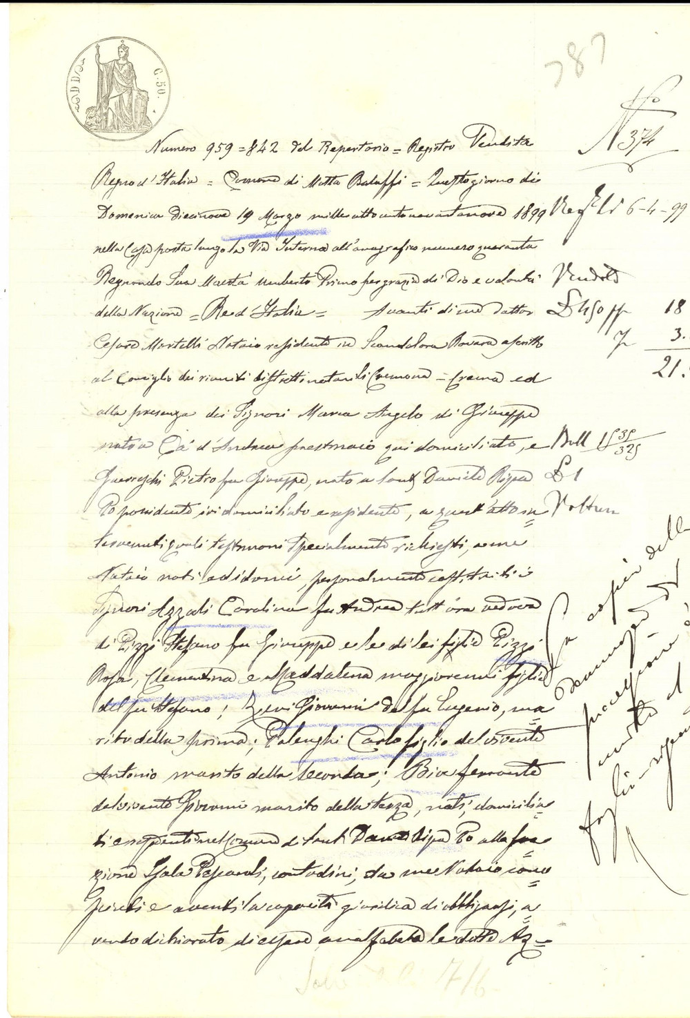 Documento originale, autentico 1899 SAN DANIELE PO Sorelle PIZZI cedono al fratello Giuseppe parte di ereditÃ  1