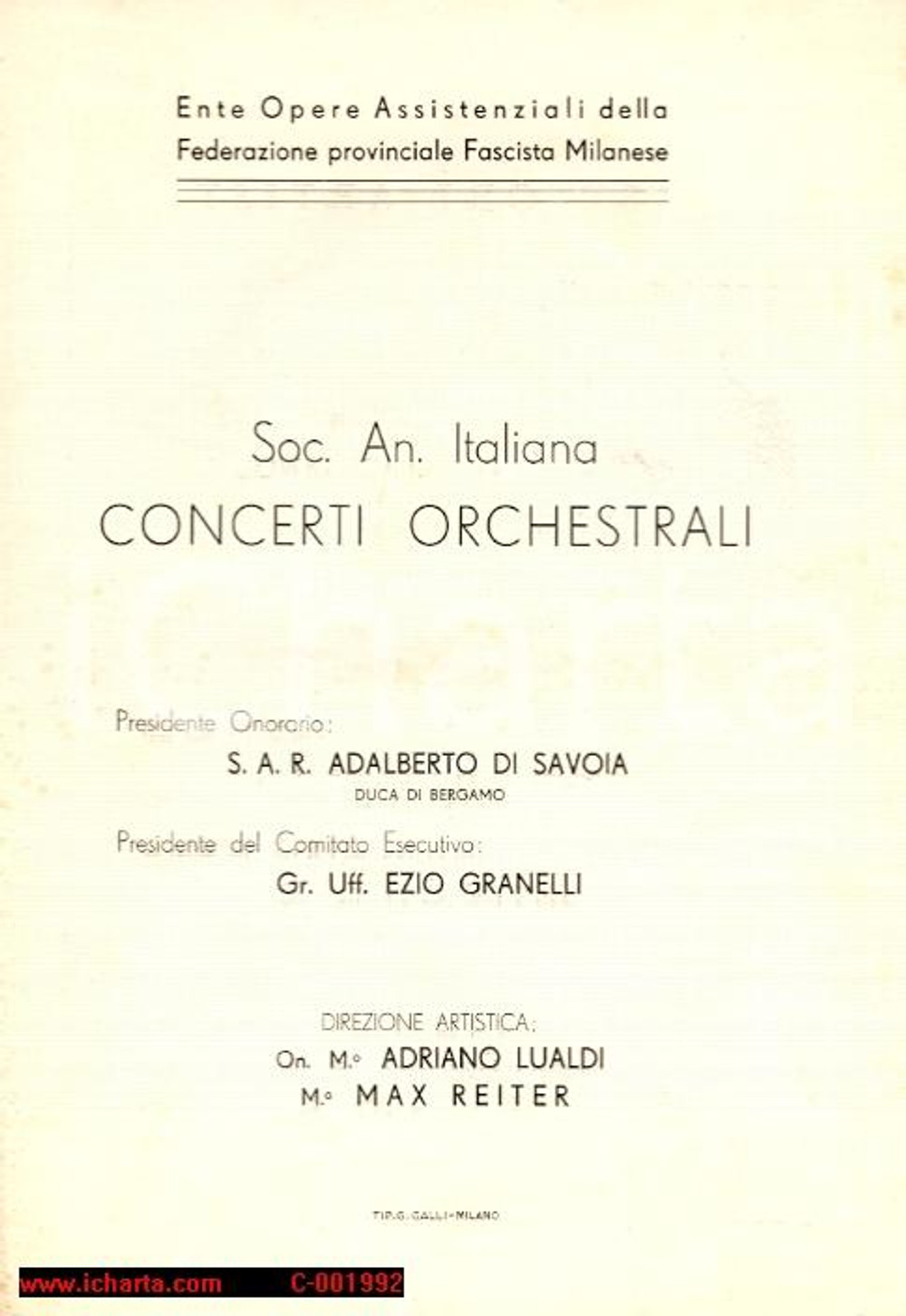 Materiale pubblicitario d’epoca 1933 MILANO Programma SocietÃ  Anonima Italiana Concerti Orchestrali 1
