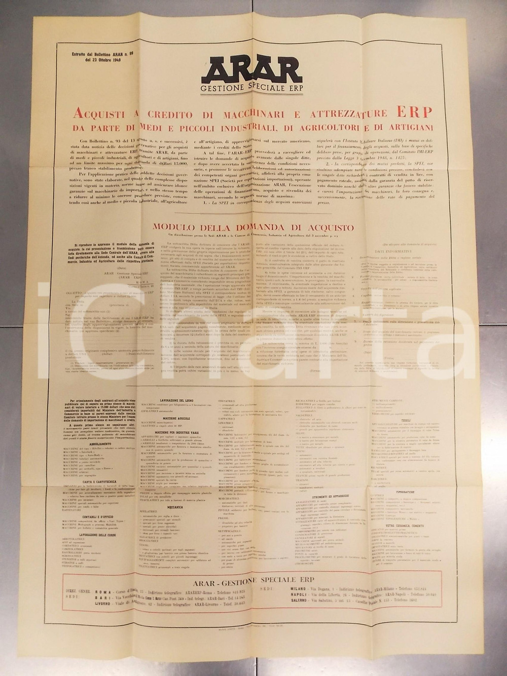 Documento originale, autentico 1949 Manifesto ARAR - Gestione residuati bellici - Acquisto a credito *88x65 cm 1