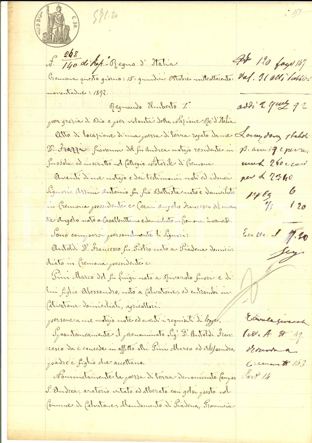 Documento originale, autentico 1892 CALVATONE CR Francesco ANTOLDI affitta campo S. ANDREA a Marco PINI 1