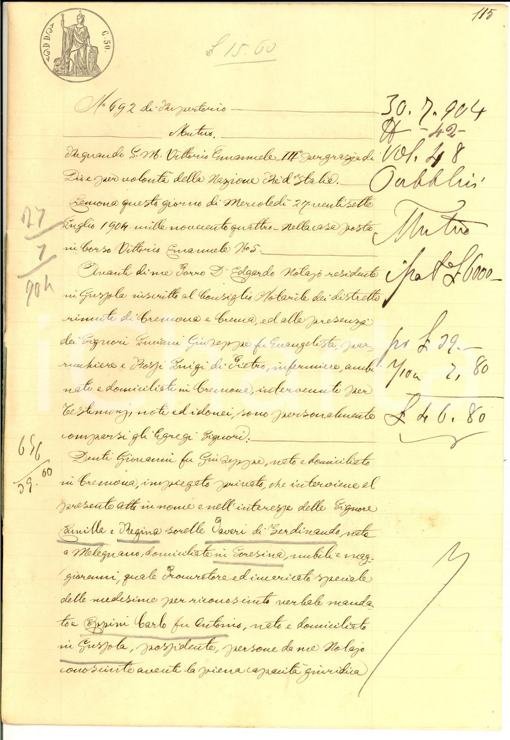 Documento originale, autentico 1904 SORESINA Prestito Camilla e Regina PAVERI a Carlo COPPINI Manoscritto 1