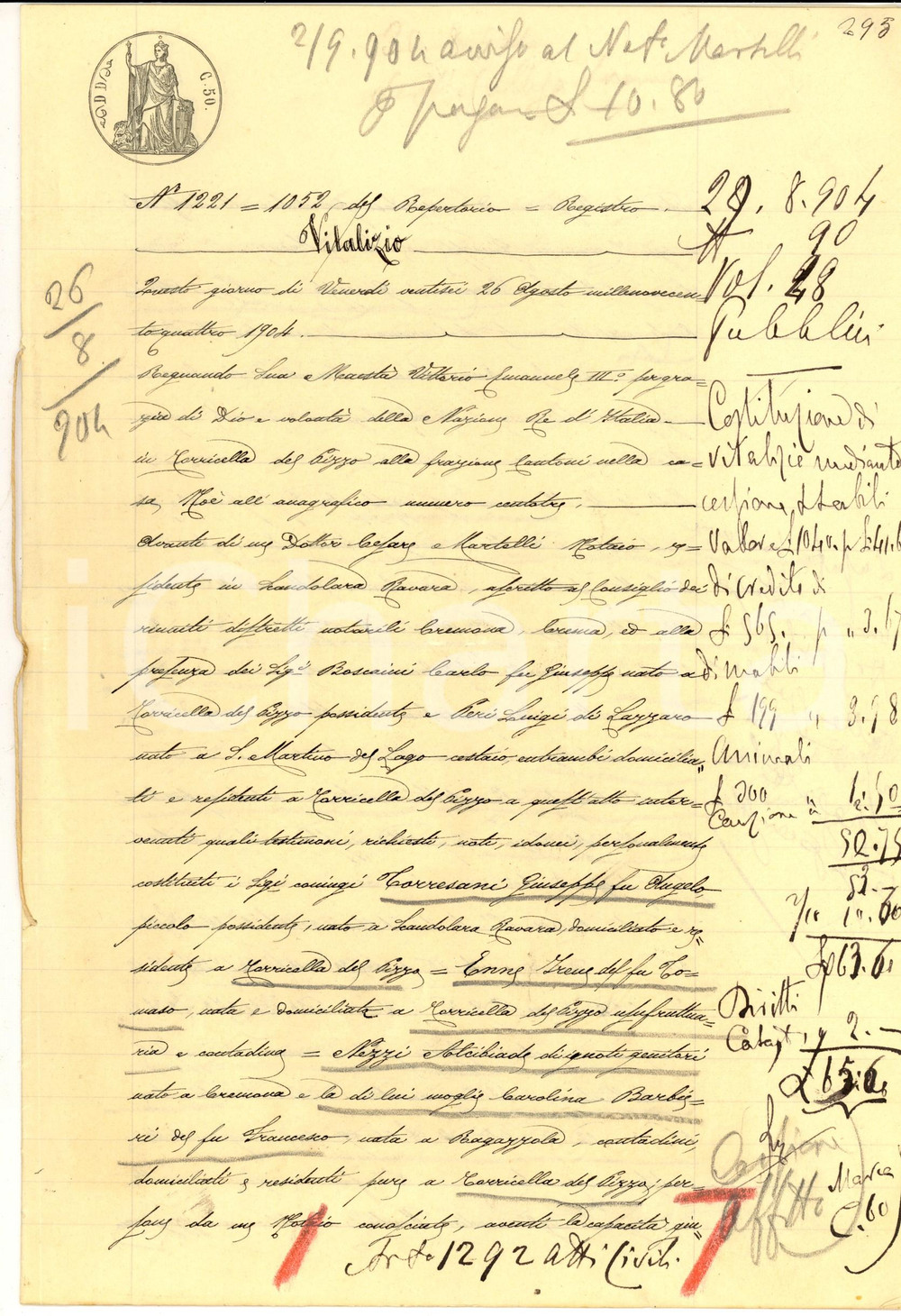 Documento originale, autentico 1904 TORRICELLA DEL PIZZO CR Giuseppe TORRESANI vende campo ad Alcibiade NEZZI 1