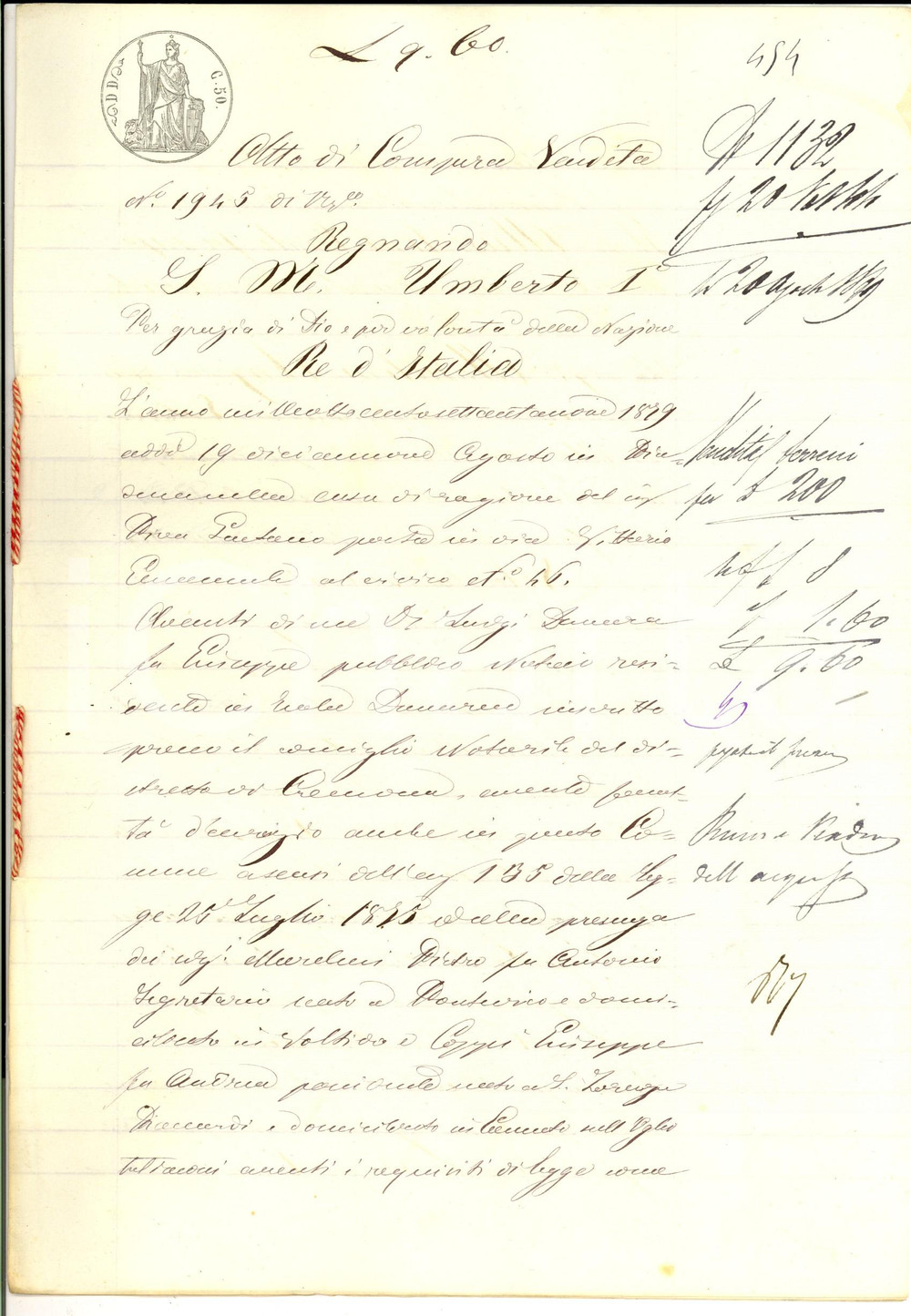 Documento originale, autentico 1879 COLOMBAROLO CR Angela MUSSOLINI vende tre campi al fratello Carlo 1