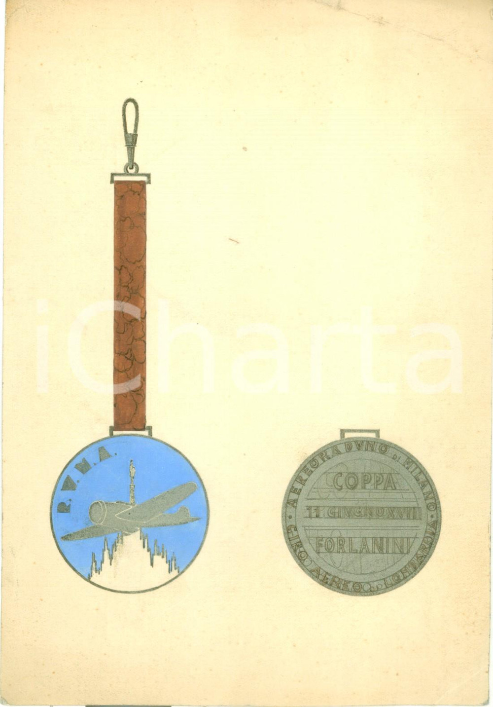Stampa, bozzetto originale 1940 MILANO Coppa FORLANINI Avioraduno RUNA Bozzetto DISEGNATO A MANO medaglia 1