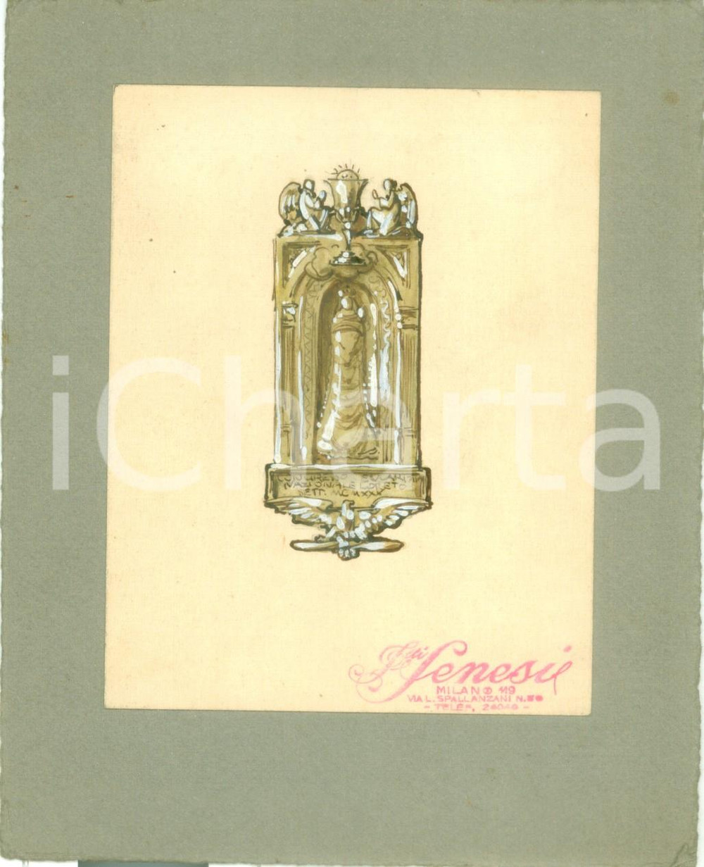 1930 LORETO (AN) Congresso Eucaristico Nazionale Bozzetto DISEGNATO A MANO DATA: 1930LUOGO: LORETO (AN)TITOLO: CONGRESSO EUCARISTICO NAZIONALE DESCRIZIONE: Bozzetto disegnato a mano per medagliette commemorative, applicato su cartoncino morbido.  DIMENSIONI: cm 13 x 16CONDIZIONI: buone. Bozzetto d'epoca, originale, autentico.    originale e autentica 1