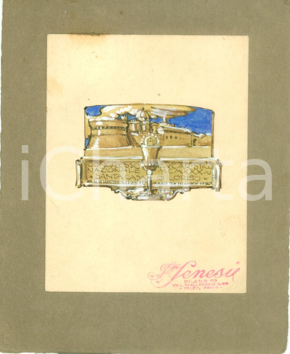 Stampa, bozzetto originale 1930 LORETO AN Congresso Eucaristico Nazionale Bozzetto DISEGNATO A MANO 1