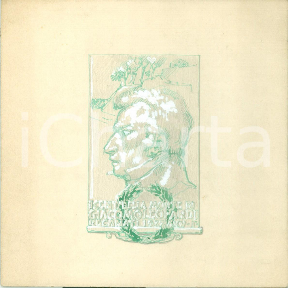 Stampa, bozzetto originale 1937 RECANATI IÂ° Centenario morte Giacomo LEOPARDI Bozzetto DISEGNATO A MANO 1