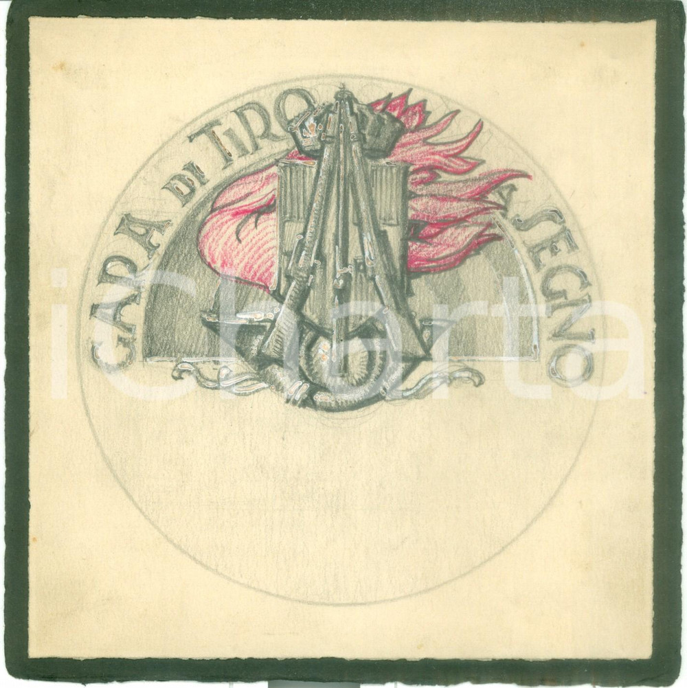 Stampa, bozzetto originale 1935 ca MILANO Gara di tiro a segno Bozzetto DISEGNATO A MANO per medaglia 1