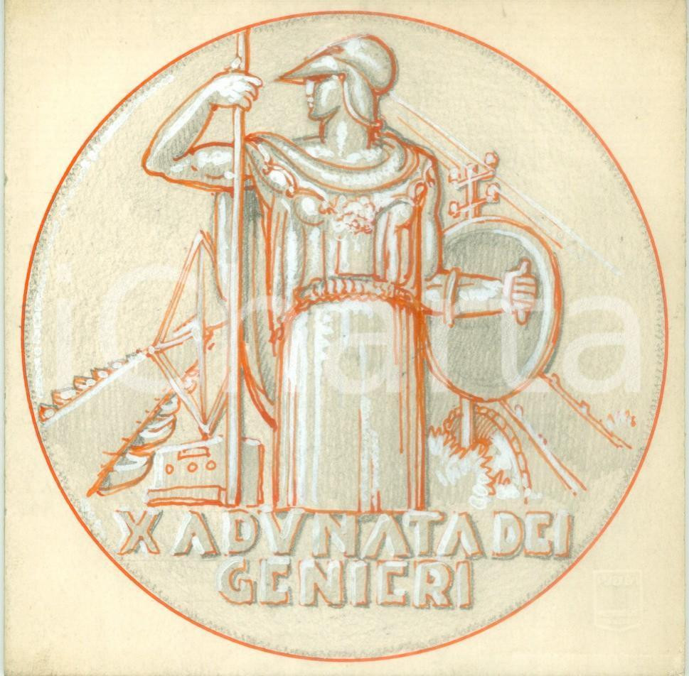 Stampa, bozzetto originale 1937 NAPOLI X adunata dei Genieri Bozzetto DISEGNATO A MANO per medaglia 1