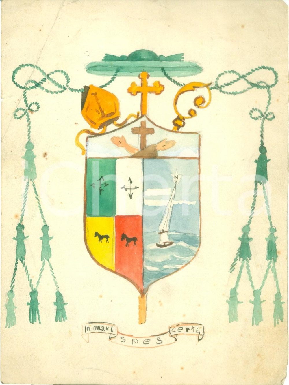 Stampa, bozzetto originale 1935 ca Area BERGAMO Stemma In mari spes certa Bozzetto DISEGNATO A MANO 1