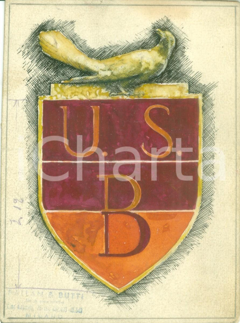 Stampa, bozzetto originale 1935 ca MILANO Unione Sportiva U.S.B. Bozzetto DISEGNATO A MANO per distintivo 1