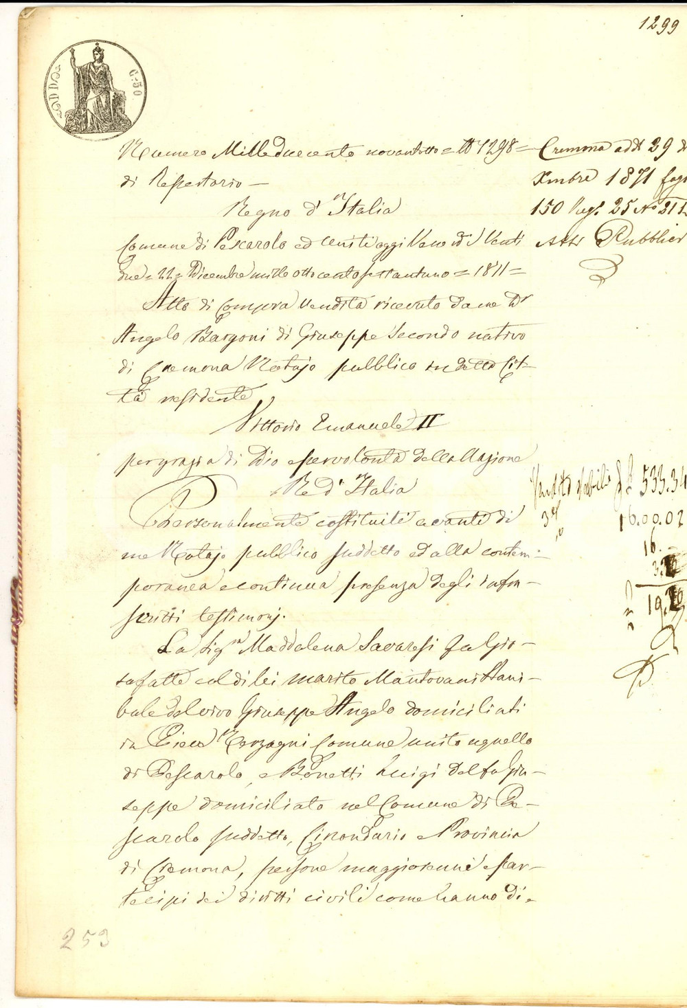 Documento originale, autentico 1871 PESCAROLO ED UNITI CR Maddalena SAVARESI vende terra a Luigi BONETTI 1