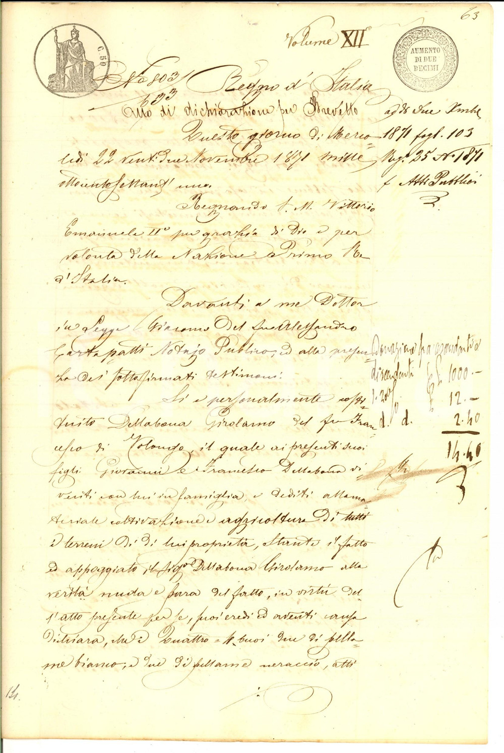 Documento originale, autentico 1871 VOLONGO CR Dichiarazione di Girolamo DELLABONA su proprietÃ  buoi 1