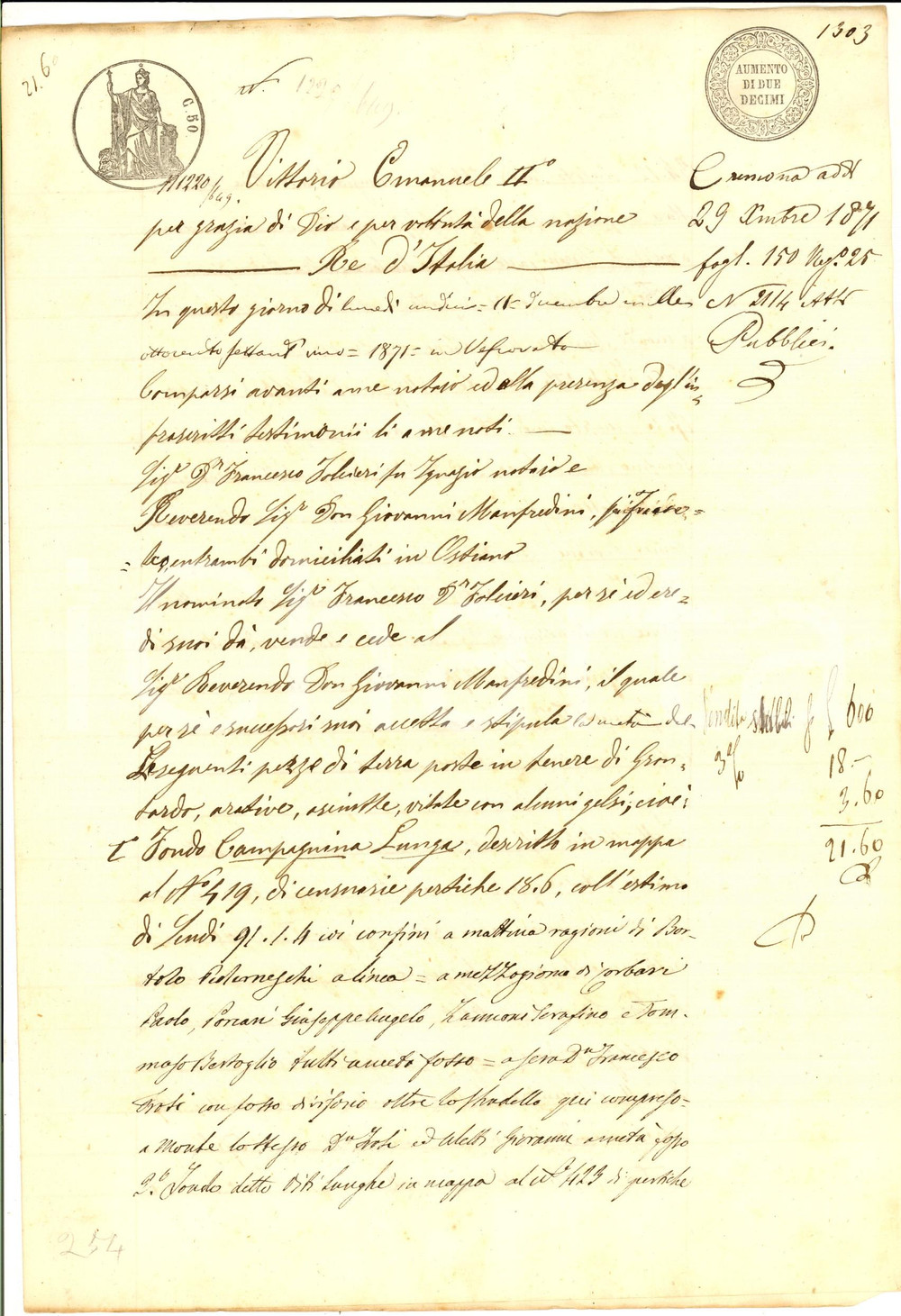 Documento originale, autentico 1871 GRONTARDO CR Francesco FOLCIERI vende campo a don Giovanni MANFREDINI 1