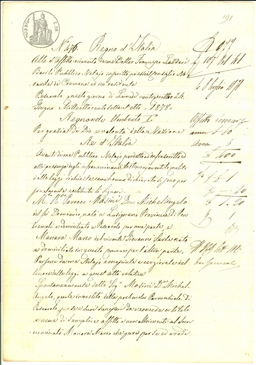 Documento originale, autentico 1878 PESCAROLO CR Don Michelangelo MASINI affitta campo a Mario MONARA 1