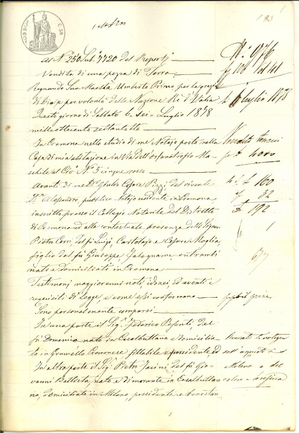 Documento originale, autentico 1878 CASALBUTTANO Federico PESENTI vende campo BARUCCHELLO ai fratelli FARINI 1