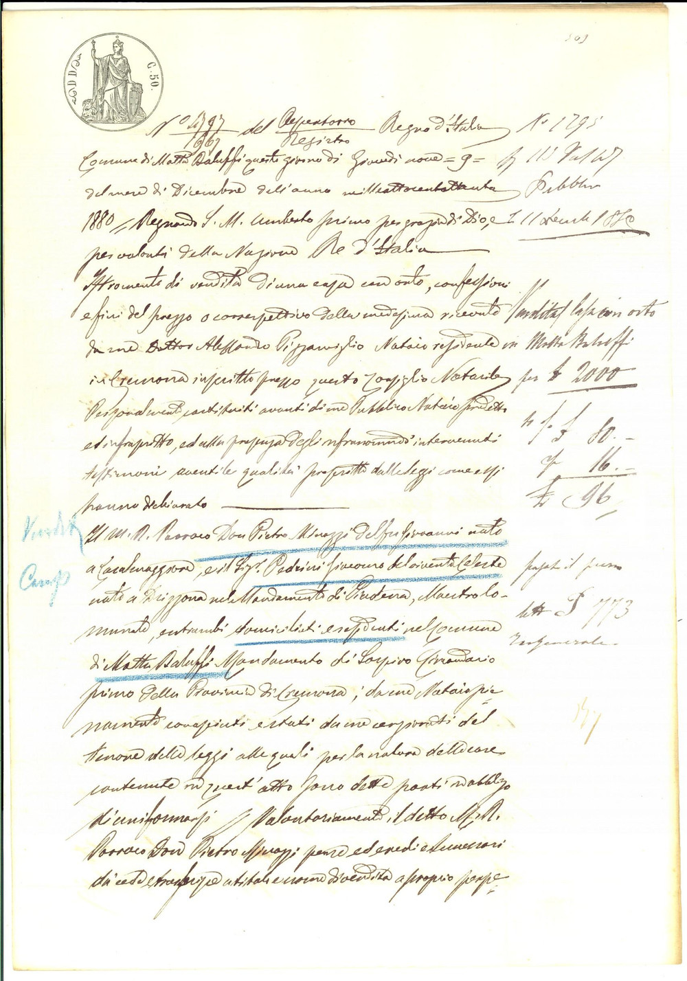 Documento originale, autentico 1880 MOTTA BALUFFI Don Pietro MERAZZI vende a Giacomo PEDRINI casa con orto 1