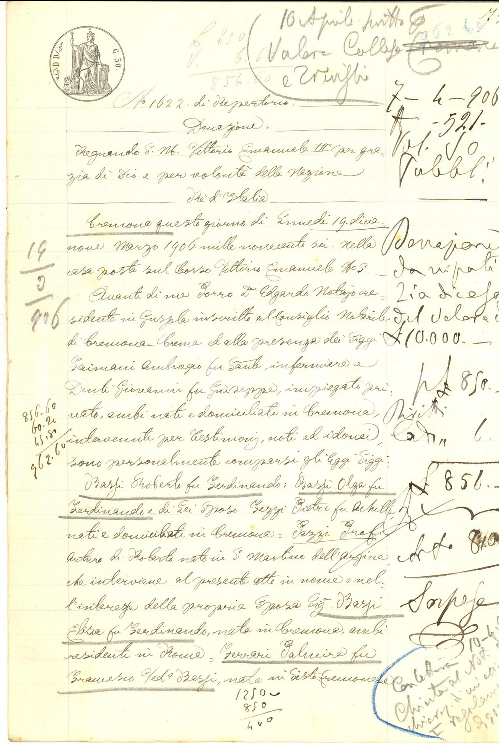 Documento originale, autentico 1906 CREMONA Roberto e Olga BASSI donano casa a Fanny FERRARI a TREVIGLIO 1