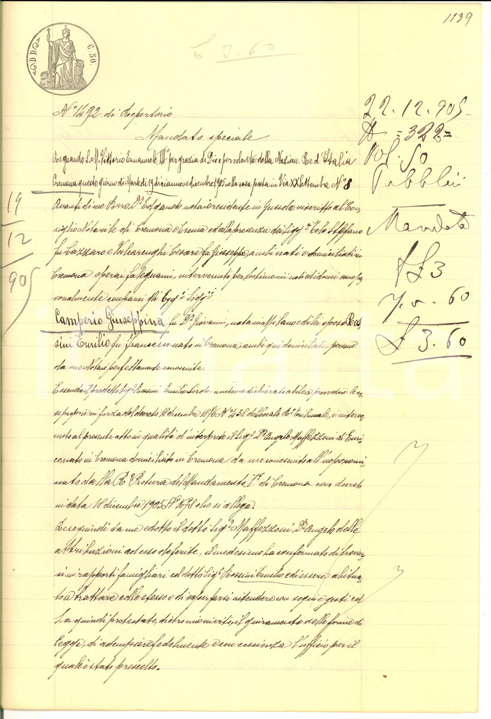 Documento originale, autentico 1905 CREMONA  Procura speciale Giuseppina CAMPERIO a Piero BERSANI Manoscritto 1