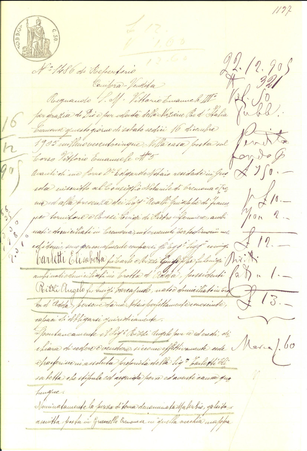 Documento originale, autentico 1905 GRUMELLO CREMONESE Angelo RIZZI vende campo MALERBIO a Elisabetta TARLETTI 1