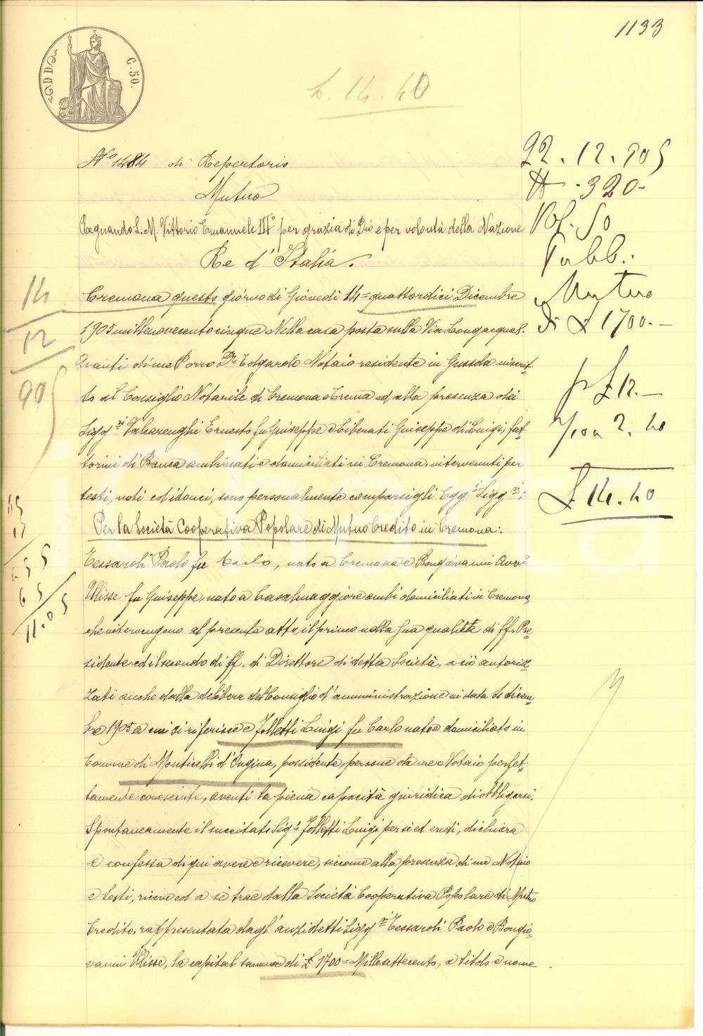 Documento originale, autentico 1905 CREMONA Prestito della SocietÃ  Popolare Mutuo Credito a Luigi FOLLETTI 1