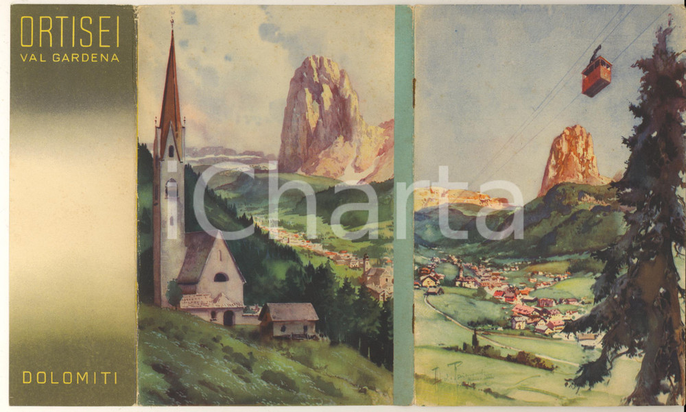 Materiale pubblicitario d’epoca 1938 ORTISEI BZ Dolomiti e Val Gardena  Pieghevole illustrato Aldo RAIMONDI 1