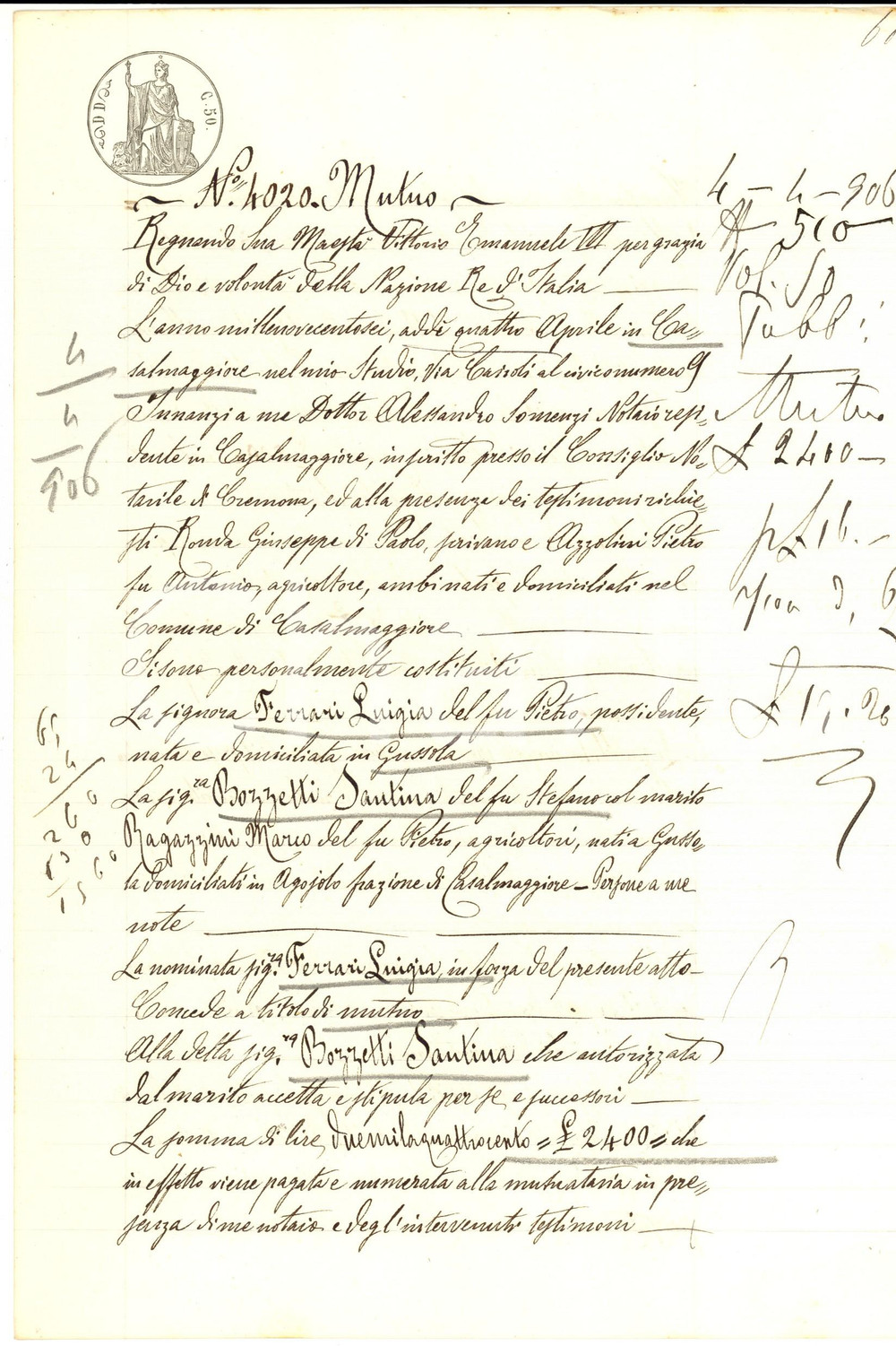Documento originale, autentico 1906 GUSSOLA Mutuo di Luigia FERRARI verso Santina BOZZETTI Manoscritto 1